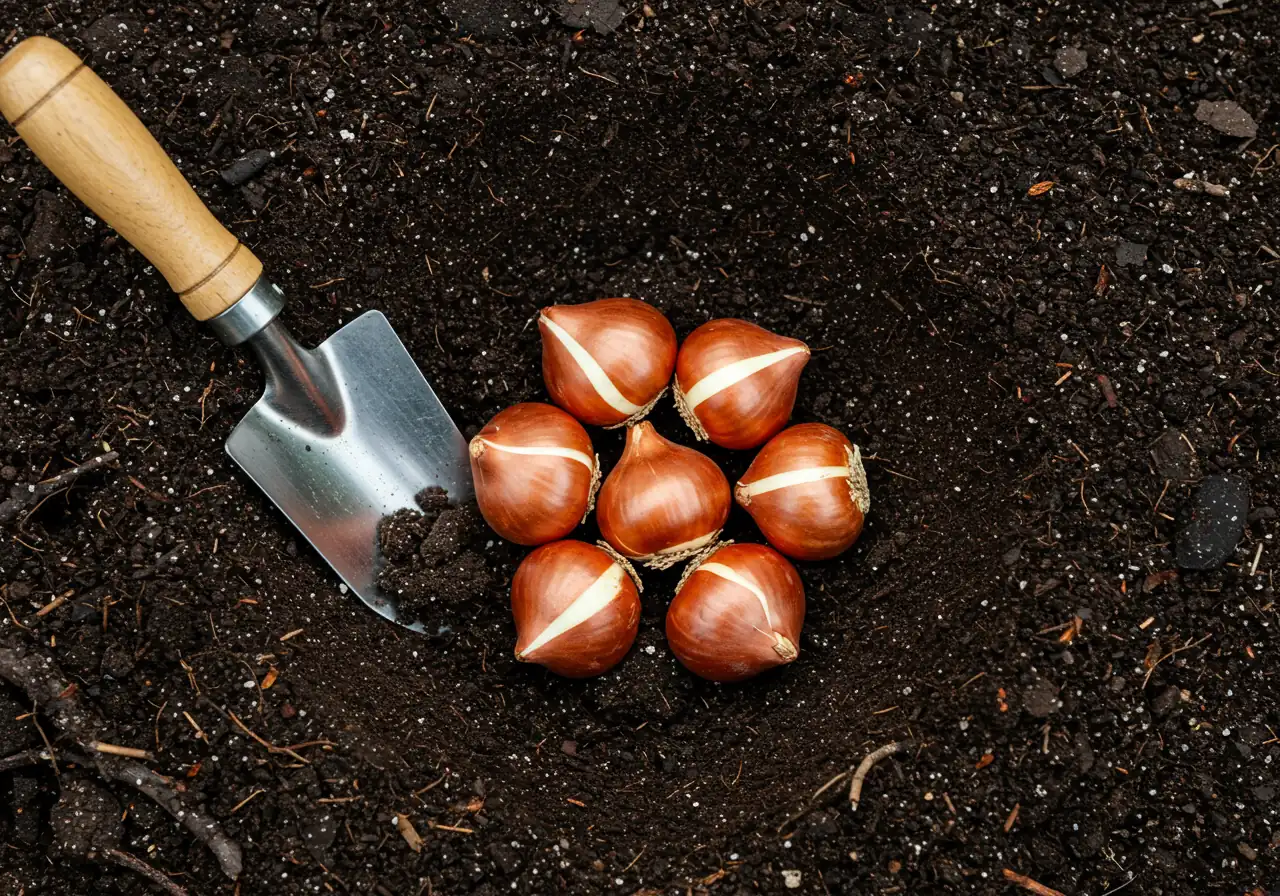 An illustrative image showing the process of planting spring bulbs in the fall. Focus on a cluster of tulip or daffodil bulbs nestled in a well-prepared planting hole in dark, rich soil, ready to be covered. A clean garden trowel could lie beside the hole, hinting at the activity without showing hands or people.