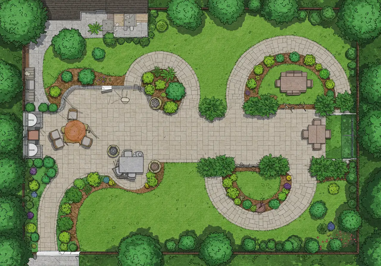 An overhead, stylized representation of a professional landscape master plan document. It should clearly show designated areas for a patio, winding walkways, distinct garden beds with symbols indicating different types of plantings (trees, shrubs, perennials), and lawn areas, all laid out for a suburban property. The style should look like a professional blueprint or coloured rendering, without any text labels or human figures.