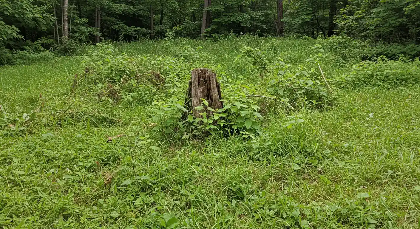 A compelling 'before' photograph capturing a section of overgrown property typical of the Russell/Ottawa area. It should show dense tangled brush, several small unwanted saplings, perhaps some tall weeds, and maybe a partially visible old tree stump, conveying the challenge of clearing such an area before professional intervention.