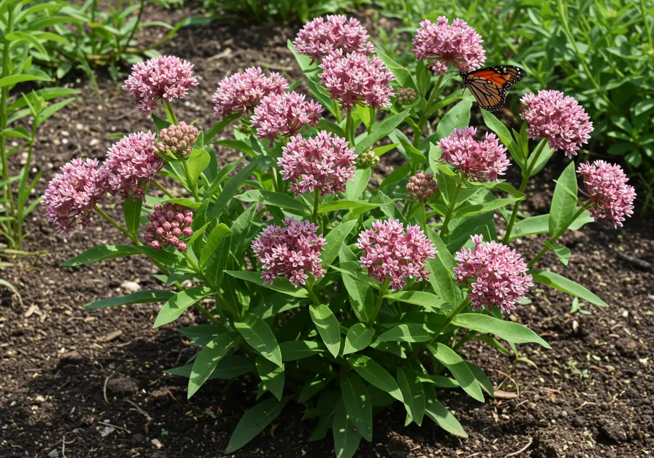 A close-up photograph focusing on a clump of Swamp Milkweed (Asclepias incarnata) thriving within a rain garden setting. The distinctive pink flower clusters are in bloom, and a Monarch butterfly is perched on one.