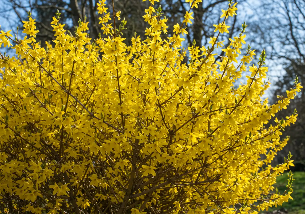 A vibrant, sunlit photograph showcasing a mature Forsythia shrub in full, spectacular early spring bloom, covered in its characteristic bright yellow flowers. This serves as a clear visual example of a 'Spring Bloomer' that should be pruned *after* flowering.