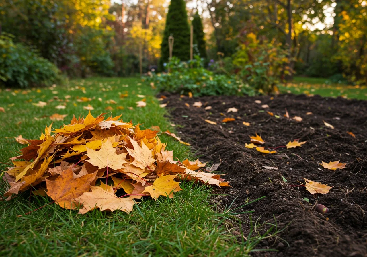 A landscape photograph capturing a neat garden bed in late autumn after fall cleanup. Focus on a layer of fallen, colourful maple leaves partially covering the dark soil around dormant perennial bases. The overall impression should be tidy and prepared for winter, with no visible plant disease or excessive debris piles.