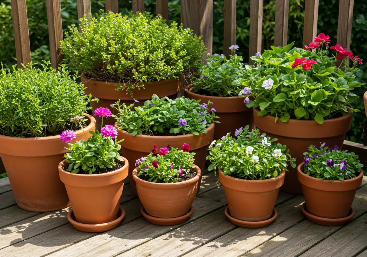 A visually appealing shot of healthy, thriving container plants on a patio or deck, illustrating proper care during heat. Show a mix of flowering annuals and foliage plants in various pots (terracotta, ceramic) grouped together. Some pots could be slightly shaded by patio furniture or an overhang, suggesting protection from intense afternoon sun. Plants should look vibrant and well-watered.
