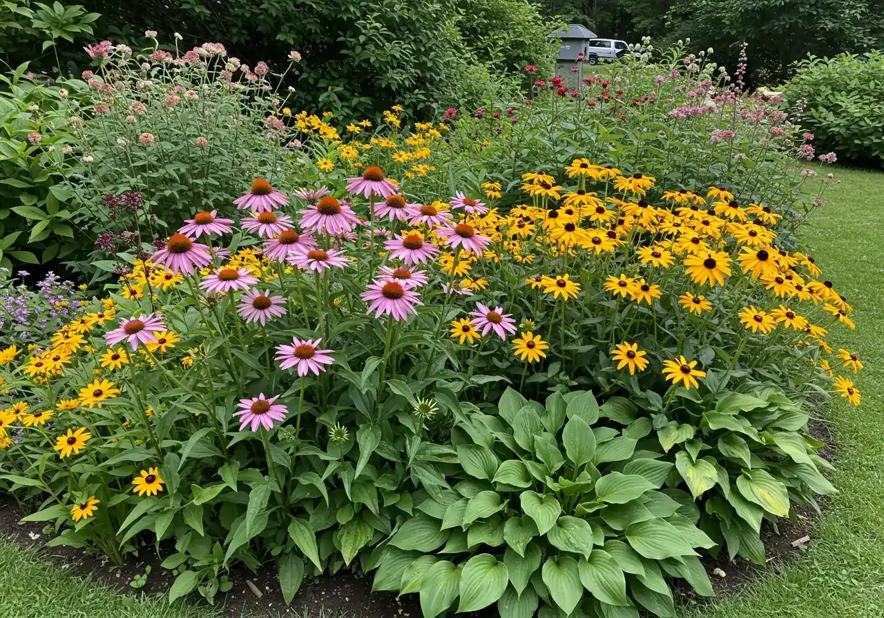 A vibrant photograph of a flourishing garden border showcasing a mix of Zone 5 hardy perennials suitable for the Ottawa region, as mentioned in the article. Include blooming Coneeflowers (Echinacea), Black-Eyed Susans (Rudbeckia) in a sunny area, and perhaps some shade-tolerant Hostas or Astilbe nearby, demonstrating successful plant selection.