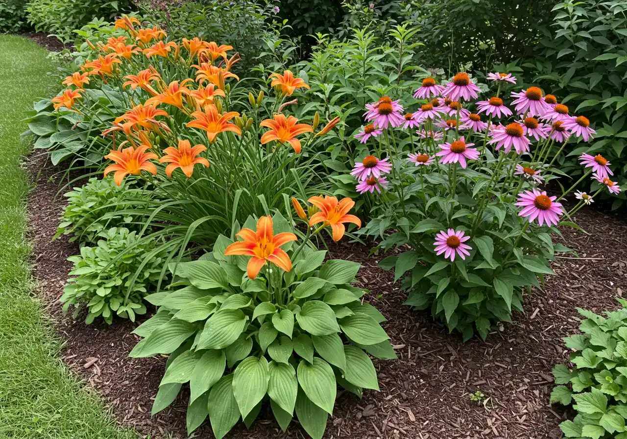 A beautiful garden bed showcasing several types of clay-tolerant plants (like Hostas, Coneflowers, Daylilies) thriving together, demonstrating that beautiful gardens are possible in heavy soil.