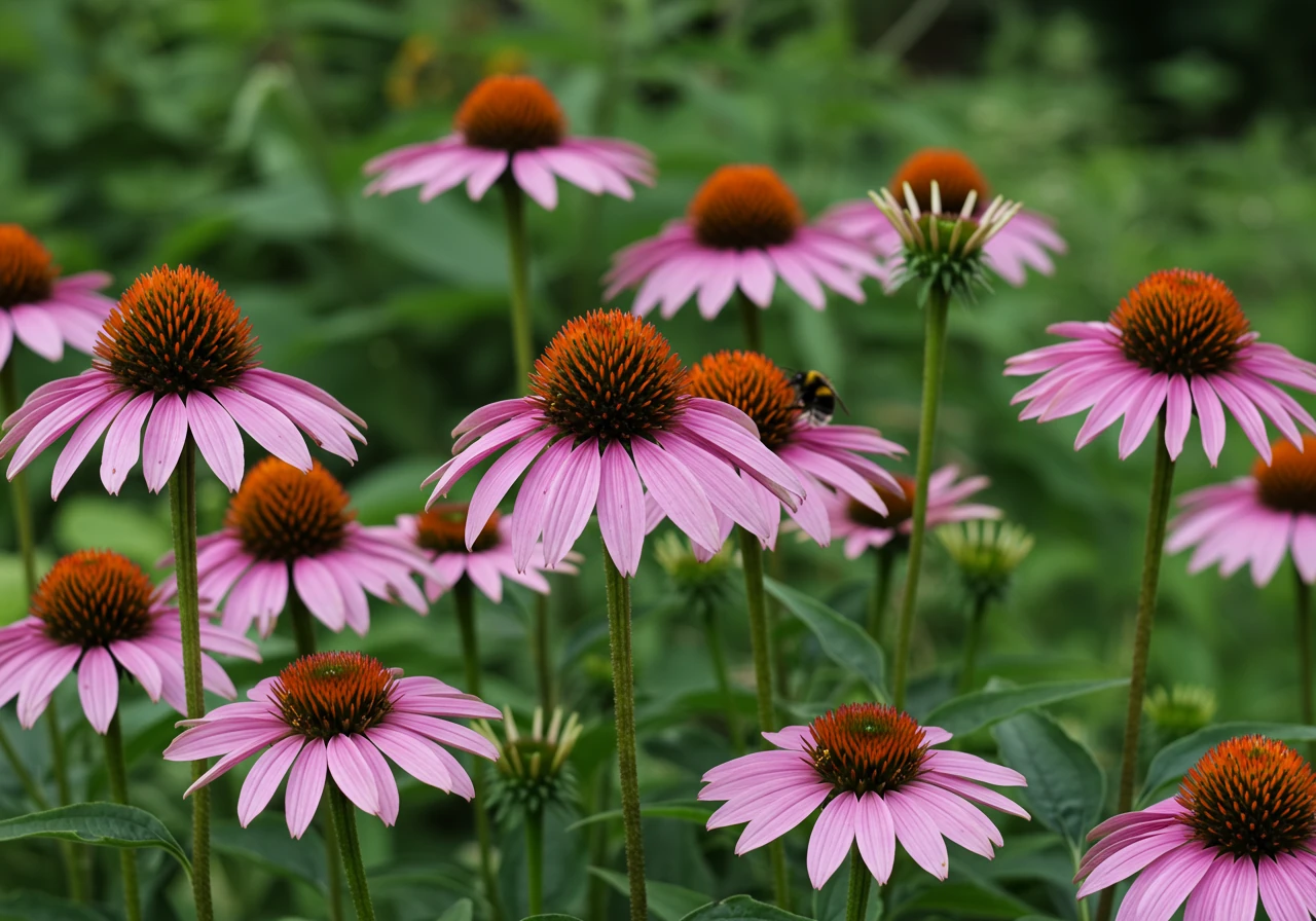A vibrant, sunlit photograph capturing a healthy clump of purple Coneflowers (Echinacea purpurea) thriving in a garden setting. The flowers are in full bloom with prominent central cones and robust stems, suggesting resilience. A bumblebee could be visiting one of the flowers. The background shows other green foliage, subtly suggesting a dense soil garden environment without looking messy. Focus is on the beauty and health of the clay-tolerant plant.