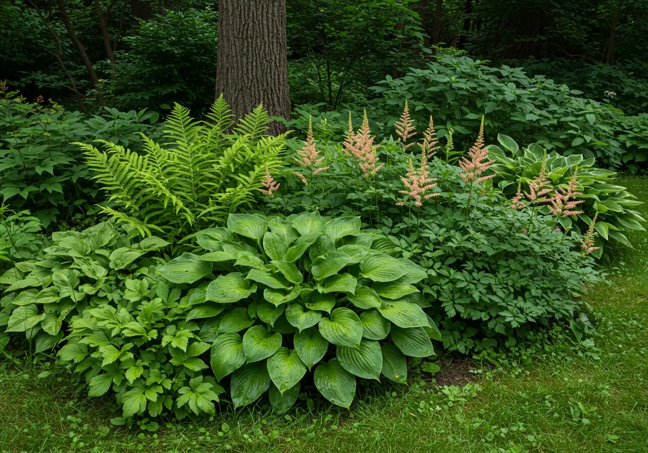 Visually reinforce the 'Right Plant, Right Place' concept by showing plants perfectly suited to a specific microclimate. Depict a lush planting of shade-loving perennials like Hostas, Ferns, and Astilbe thriving beautifully in the cool, dappled light beneath a large tree or on the north side of a building.