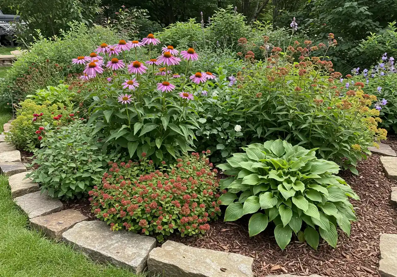 Showcase hardy, climate-appropriate plants thriving in an Ottawa setting. A vibrant garden scene featuring flourishing perennials known to do well in Zone 5, such as Purple Coneflower (Echinacea), Hostas, and Sedum 'Autumn Joy', possibly alongside native shrubs. Include natural elements like local stone or mulch. The plants look healthy and well-suited to their environment.