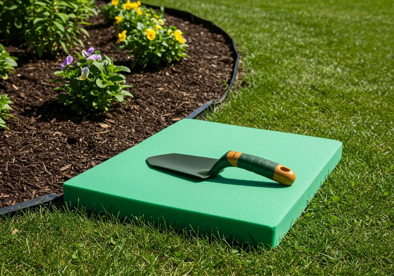 A photograph illustrating a comfortable kneeling setup for ground-level gardening. Shows a thick, brightly colored foam garden kneeling pad placed on healthy green grass next to the edge of a mulched flower bed. A small ergonomic hand trowel with a curved handle rests on the pad. Focus is on the pad and tool, suggesting comfort and reduced strain.