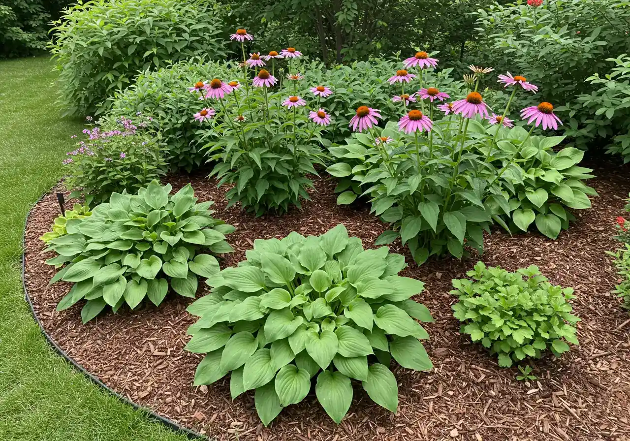 A visually appealing garden bed featuring a mix of Zone 5a hardy perennials suitable for the Ottawa climate, such as hostas and coneflowers, thriving in well-prepared soil with a layer of dark mulch. This illustrates smart plant choices for the region.