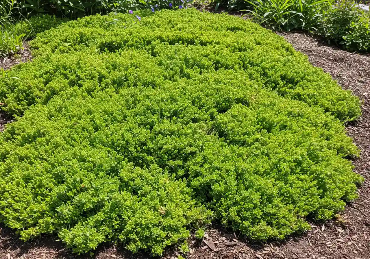 Showcases the 'Fall Planting Power' vegetative strategy. An image depicting a dense, established patch of hardy, low-growing groundcover (like creeping thyme or a type of sedum) successfully stabilizing a moderately steep, sunny slope. The plants should look vigorous and completely cover the soil surface.