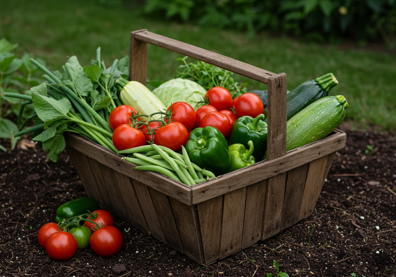 An inviting, vibrant photograph of a collection of freshly harvested late-summer vegetables, such as ripe tomatoes, green beans, zucchini, and possibly peppers, perhaps gathered in a rustic basket or trug, symbolizing the 'harvest highs' discussed.