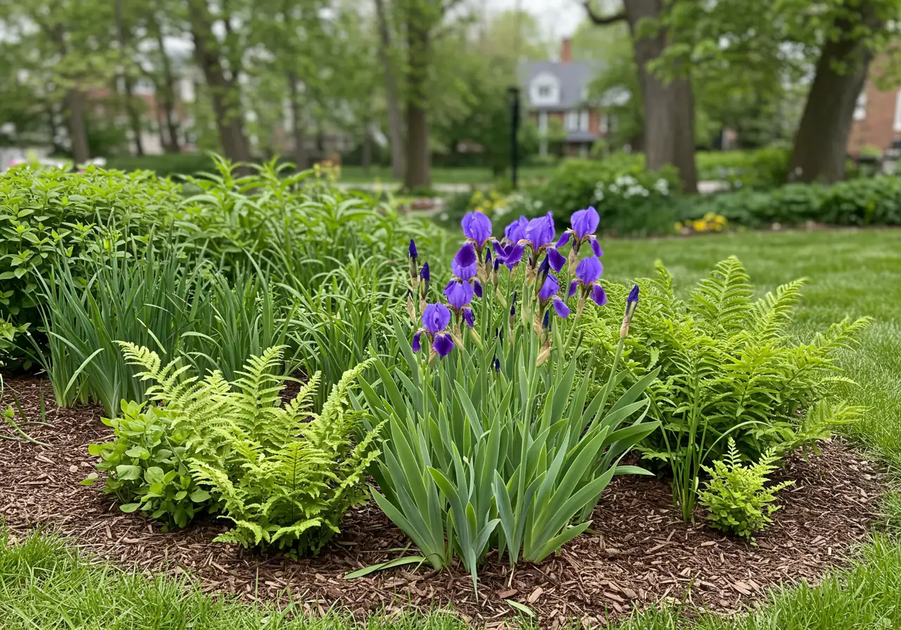 A beautiful rain garden with native plants managing water runoff.
