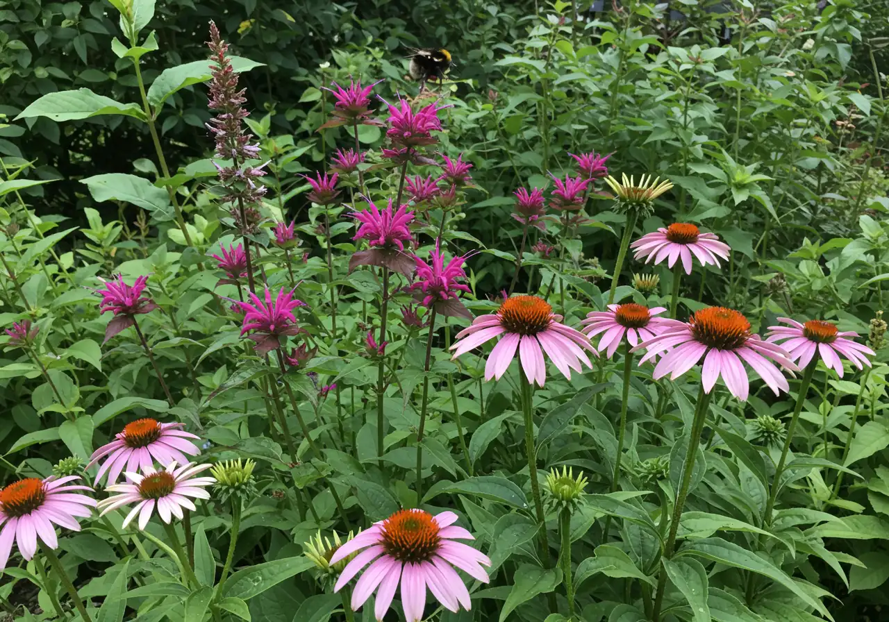 A beautiful shot of native Ontario wildflowers thriving in a garden setting, perhaps attracting a local pollinator. Feature plants like Coneflowers (Echinacea) or Bee Balm (Monarda) in bloom, looking healthy and vibrant. Include a native bee or butterfly visiting a flower to emphasize the ecological benefit.