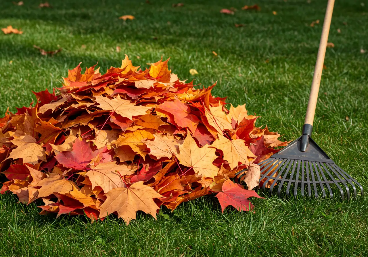 A visually striking image capturing the essence of fall yard work without showing people. Focus on a vibrant pile of colourful autumn maple leaves partially raked on a lawn, with maybe a traditional, non-ergonomic rake left nearby, hinting at the strenuous task.