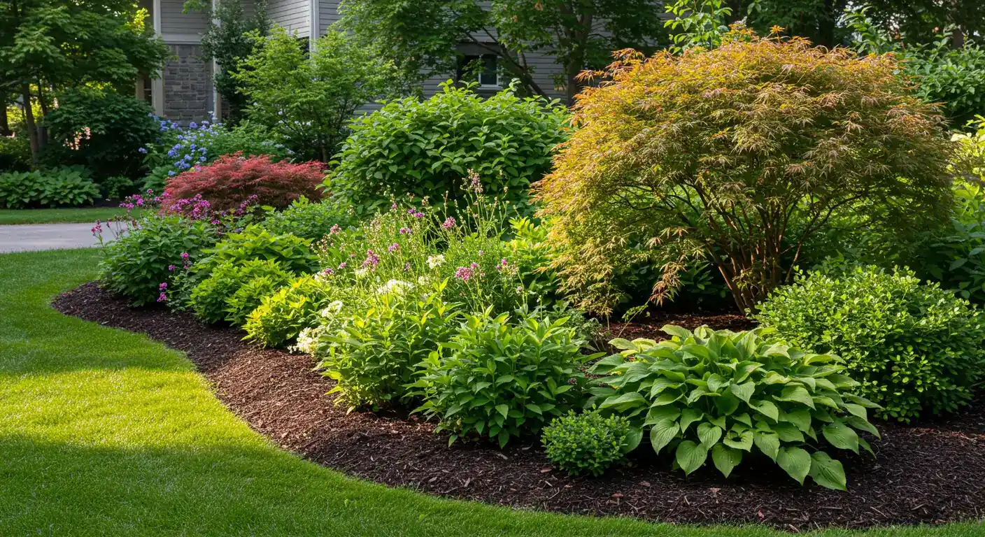 A beautiful, well-maintained residential garden bed overflowing with healthy, vibrant perennials and shrubs. The plants are lush and thriving, the soil is neatly mulched, and the overall impression is one of effortless beauty and health, representing the ideal outcome described in the introduction.