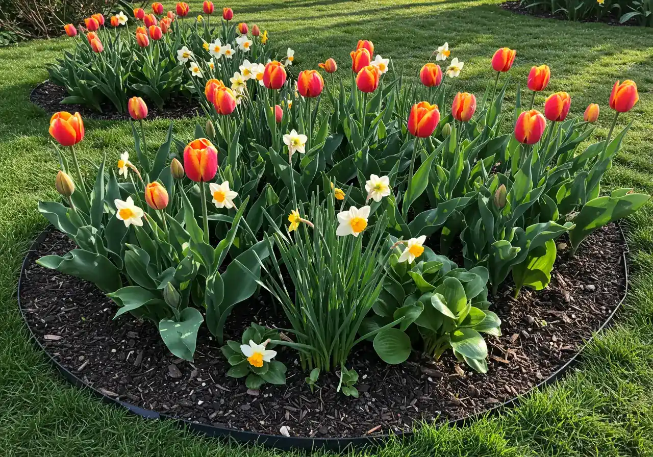 A beautiful, well-planned spring garden bed bursting with colour, representing the successful outcome of using summer notes. Show a variety of healthy spring bulbs like multi-coloured tulips and bright yellow daffodils blooming amongst emerging green perennials. The bed should look tidy with dark mulch visible, under soft morning sunlight, conveying a sense of successful planning and growth.