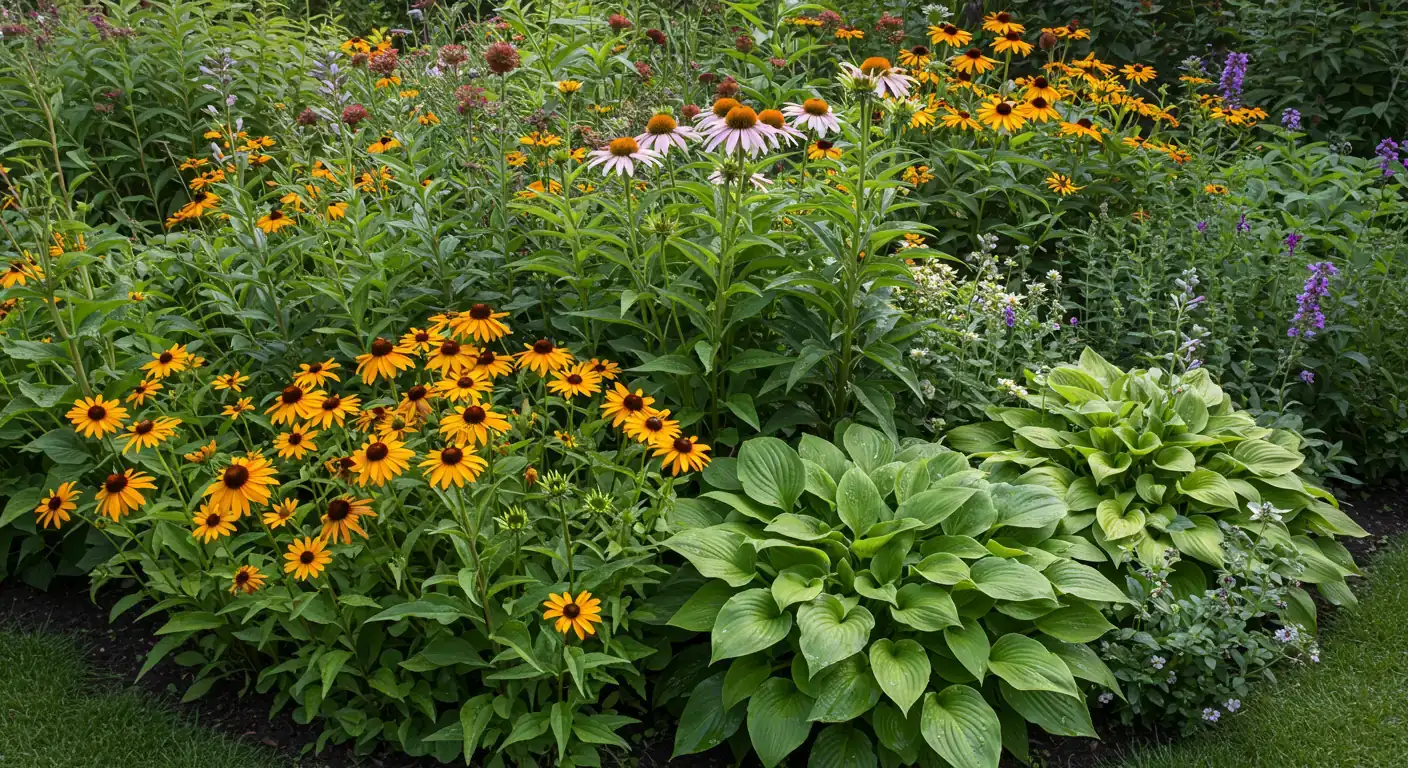 A vibrant and healthy garden border bursting with colourful summer flowers (like echinacea, rudbeckia) and lush green foliage, bathed in bright, natural morning sunlight. Focus on plant health and density. No structures visible, just plants.