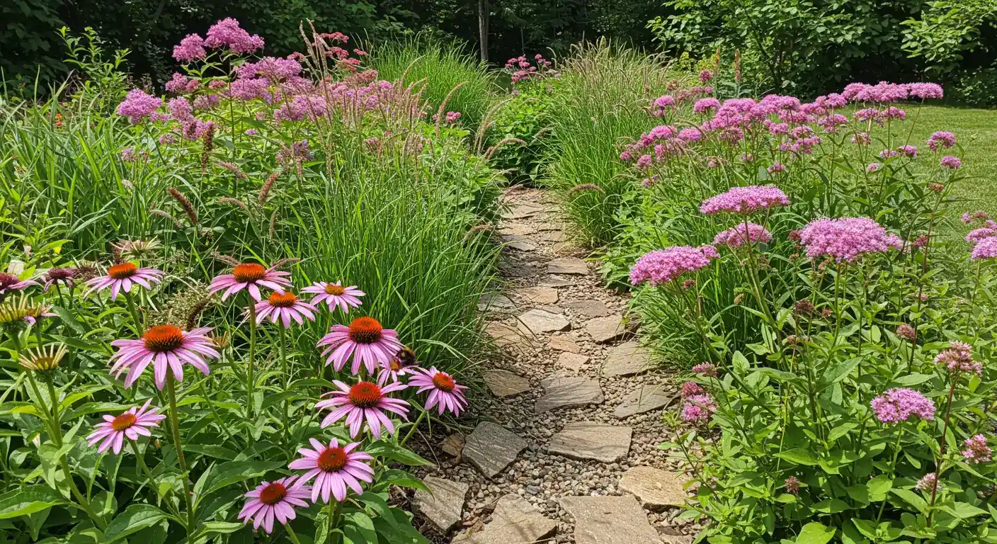 A visually appealing and functional rain garden in mid-summer. The garden should be situated in a slight depression, showcasing a healthy mix of blooming native perennials (like coneflowers and Joe Pye weed) and ornamental grasses. Include details like river stones possibly directing water flow towards the garden, and perhaps a bee or butterfly visiting a flower, emphasizing the habitat aspect. The overall look should be lush, well-maintained, and clearly designed for water absorption.