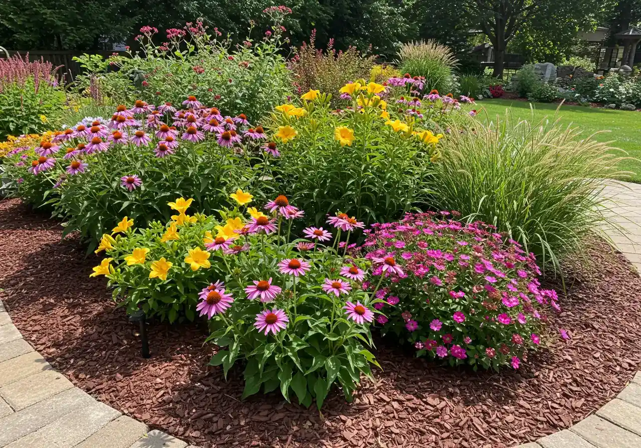 A vibrant, colourful, and lush garden bed showcasing a successful xeriscape design. It should feature a mix of textures and colours from drought-tolerant plants like purple Coneflowers, yellow Daylilies, upright Sedum turning pink, and fine-textured ornamental grasses, all thriving in full sun with a neat layer of bark mulch. This visually counters the misconception of xeriscapes being barren.