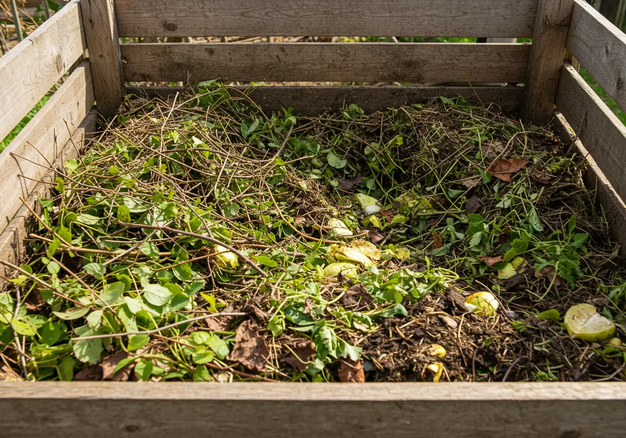 An image looking into an active home compost bin or pile, showing layers of organic material including recognizable small green twigs and leaves (representing pruning debris) mixed with brown materials like dried leaves or straw. This visually supports the text about composting pruning waste.