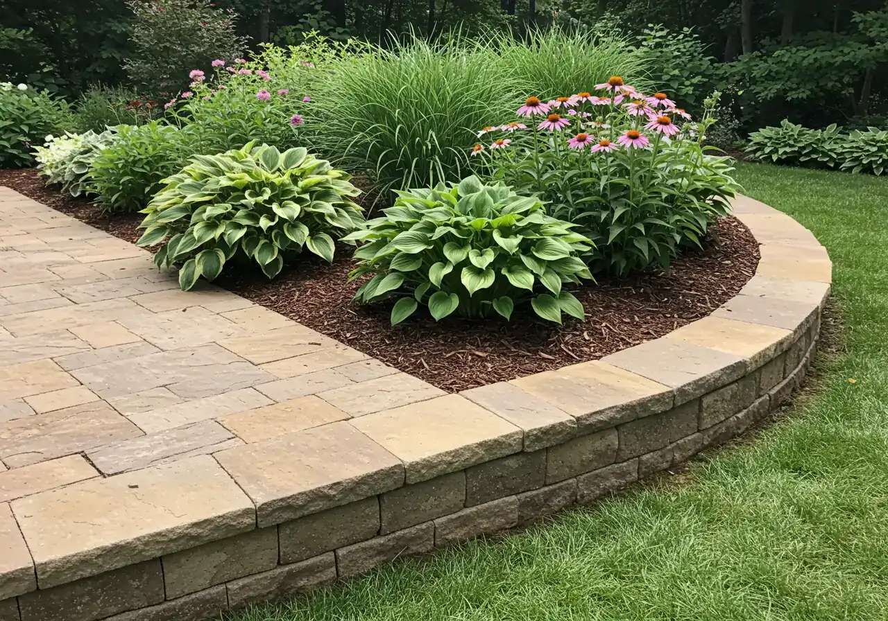 An image showcasing the effective integration of hardscaping and softscaping along a patio edge. It features a curve or corner of a natural stone patio where the stone meets a thriving garden bed. The garden bed is densely planted with a variety of textures and colours, such as lush hostas, upright ornamental grasses (like Feather Reed Grass), and blooming perennials (like Coneflowers or Sedum). The bed is neatly mulched. This illustrates the concept of 'softening the edges'.