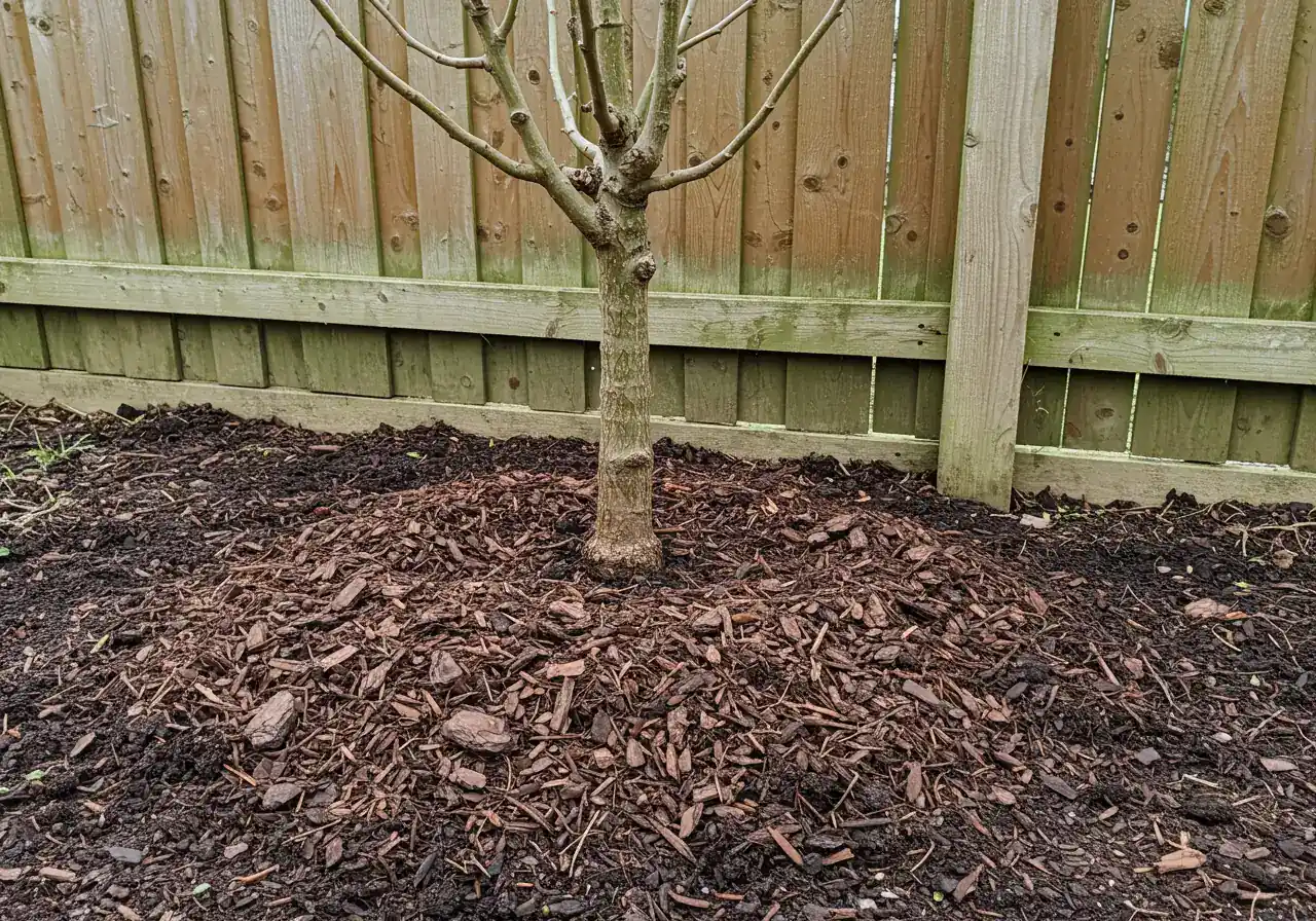 An image showing the base of an espalier tree trunk where it meets the ground. A thick (3-4 inch) layer of dark shredded bark mulch is applied around the base, forming a protective circle over the root zone, but clearly pulled back a few inches from the trunk itself to prevent moisture buildup against the bark. Perhaps a hint of frost on the mulch or ground.