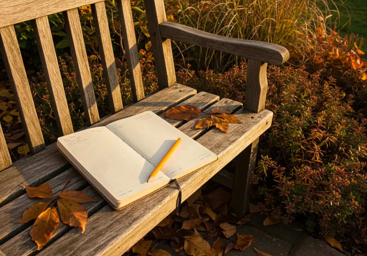 A weathered garden notebook and pencil resting on a rustic wooden garden bench. The notebook is open to a blank page, suggesting the start of record-keeping. Surrounding the bench are colorful fallen autumn leaves (reds, oranges, yellows) and fading late-season garden plants like ornamental grasses or sedum, bathed in soft, warm fall sunlight.
