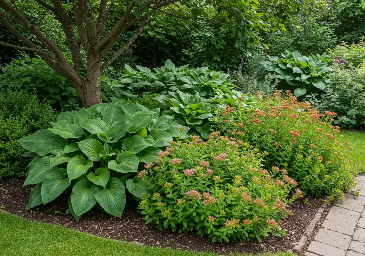 A visually appealing garden composition demonstrating the 'Right Plant, Right Place' concept. It shows shade-loving plants like vibrant green Hostas and ferns thriving in the dappled shade under a mature tree, contrasted perhaps with sun-loving Sedum or Ornamental Grasses flourishing nearby in a bright, sunny spot within the same garden view.