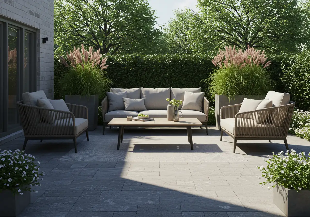 An illustrative example of a well-defined outdoor seating 'zone'. This could show a specific area like a conversation zone with two empty armchairs and a small loveseat facing each other around a low outdoor coffee table, set on an outdoor rug on a paver patio. Alternatively, it could show a dining zone with a table and empty chairs, positioned conveniently near a house wall or patio door. Tall planters or landscape elements could subtly define the space. Perspective should clearly show the layout arrangement.