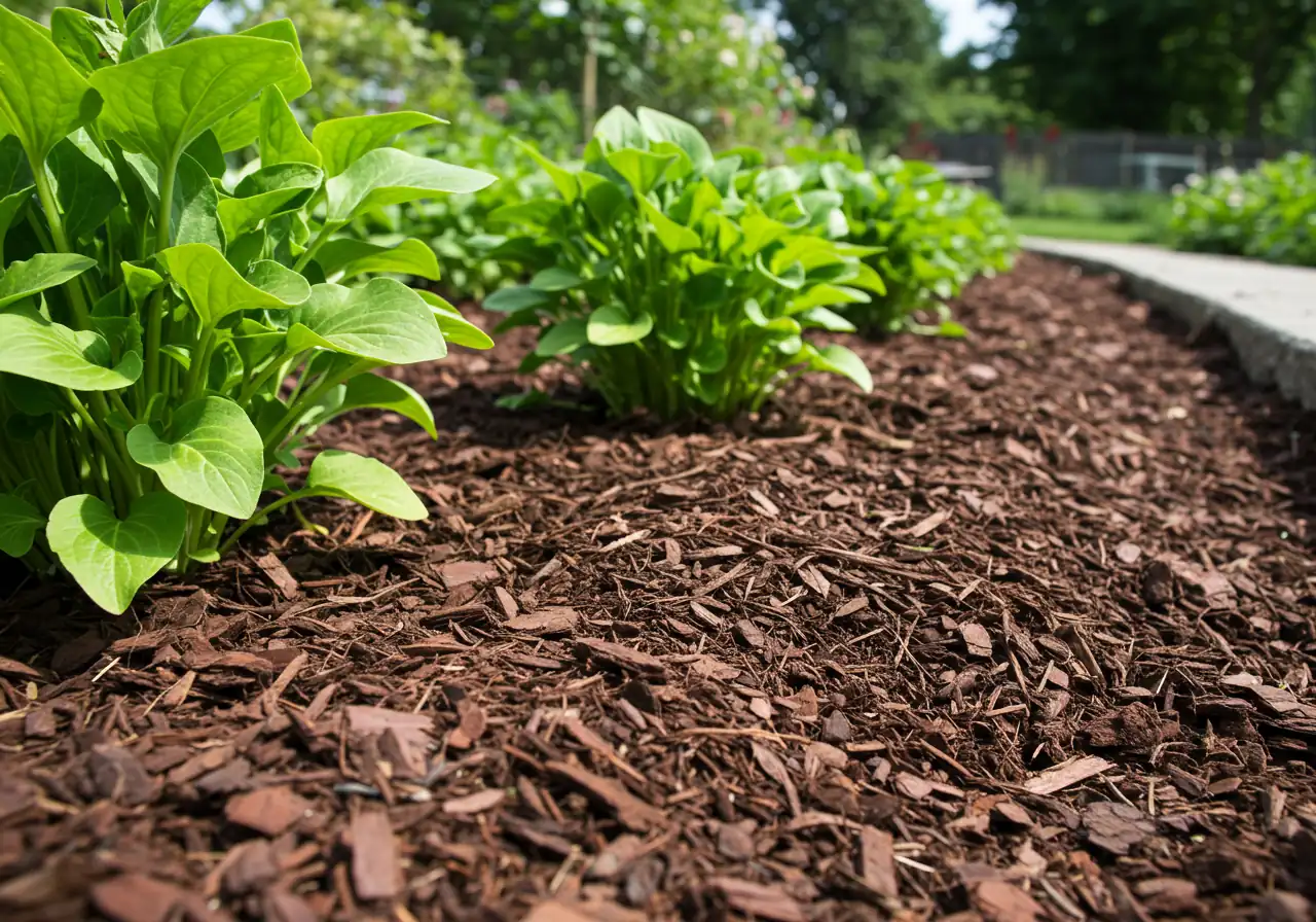 A visually appealing garden bed showcasing a thick, even layer (2-3 inches) of dark brown shredded bark mulch applied around the base of several green plants (like perennials or small shrubs). Ensure a small gap is visible between the mulch and the plant stems.