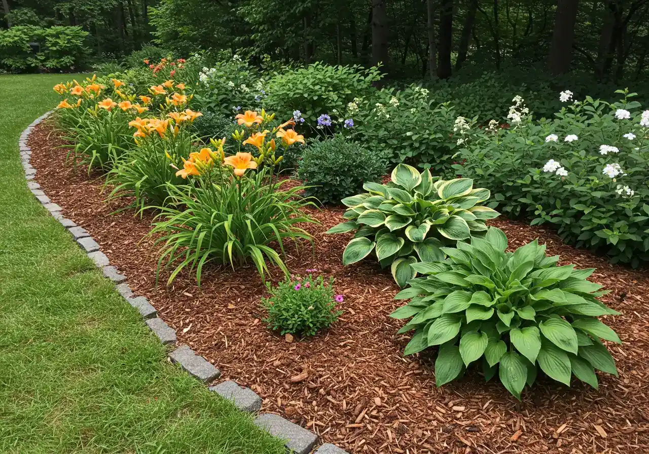 A wider view of a well-maintained garden bed showcasing the integration of different zones or elements. Perhaps show a transition from a sunnier area with Daylilies or grasses into a shadier section with Hostas, unified by consistent edging and a fresh layer of mulch throughout. Evokes a sense of balance and thoughtful care across different microclimates within the same garden space.