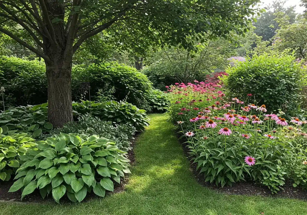 A compelling landscape shot illustrating the concept of microclimates within a single garden. The image should clearly show a stark contrast between two adjacent areas: one side in deep, cool shade cast by a large deciduous tree, featuring lush, shade-loving plants like hostas or ferns; the other side in bright, direct sunlight with sun-loving perennials like coneflowers or daylilies thriving. The dividing line between sun and shade should be distinct.