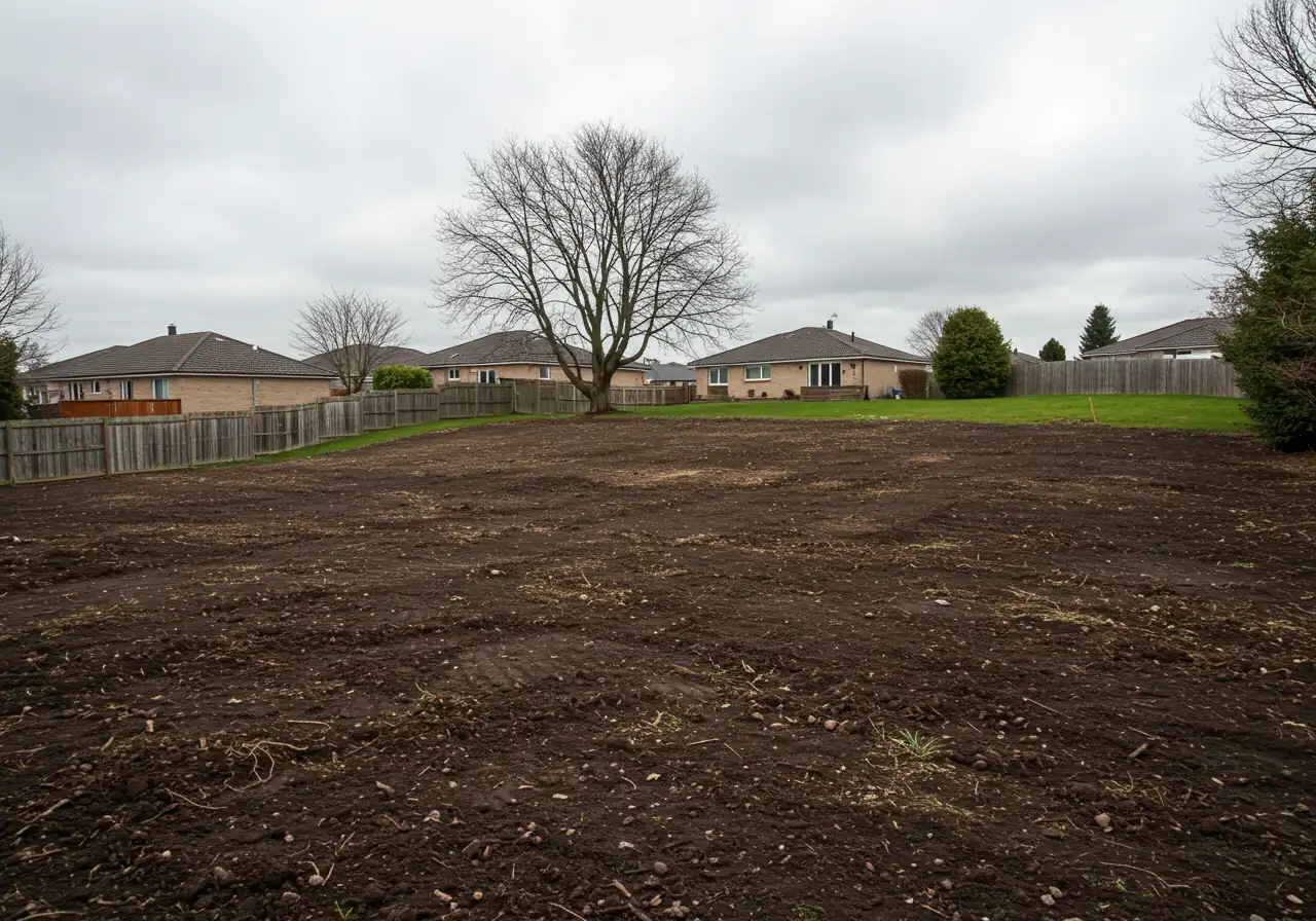A wide shot of a residential yard area that has been recently and thoroughly cleared. The ground is visible as dark, possibly amended soil, with perhaps some gentle grading evident. It looks clean, open, and ready for the next phase of landscaping, conveying the 'blank canvas' concept. No structures or specific garden plans visible, just the prepared earth.