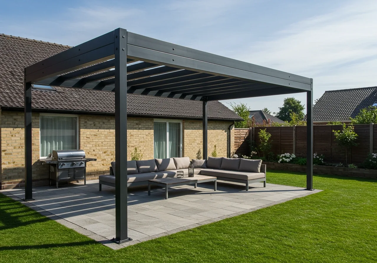 An image illustrating how a pergola defines an outdoor living space. It should show a freestanding pergola clearly delineating a seating or dining area from the rest of the lawn and garden beds, highlighting its architectural role in structuring the landscape.