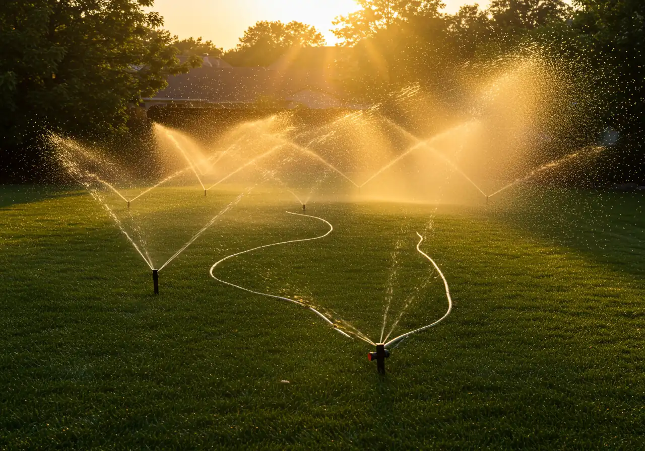 A wide-angle photograph of a well-maintained residential lawn being watered by several pop-up sprinkler heads during the very early morning. The sun is just beginning to rise, casting a warm, golden light across the scene. The fine spray patterns from the sprinklers are visible against the light, demonstrating even coverage over the lush green grass. No water is shown spraying onto adjacent sidewalks or driveways.