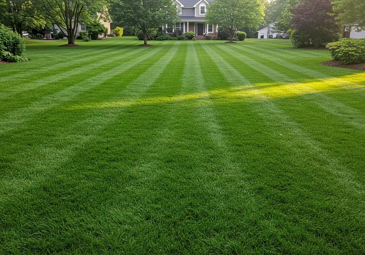 A wide-angle, slightly elevated photograph showcasing a pristine, impeccably maintained residential lawn that radiates health. The grass is a uniform, lush, deep green carpet stretching across the frame, demonstrating the beautiful results of consistent, expert lawn care and proper fertilization. Bright, early morning sunlight casts soft shadows, highlighting the perfect texture. There are no visible stripes, patches, or weeds.
