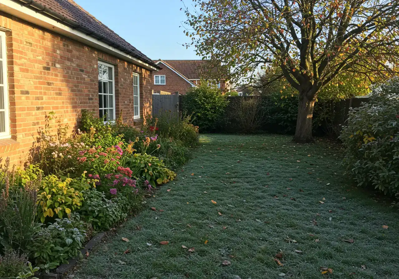 A photograph illustrating microclimate differences within a single backyard in early fall. One area near a sun-facing house wall should look warmer, perhaps with frost-free plants, while a lower-lying or heavily shaded area in the same yard shows visible frost on the grass or dormant plants. The contrast should highlight the concept of mini-weather zones.