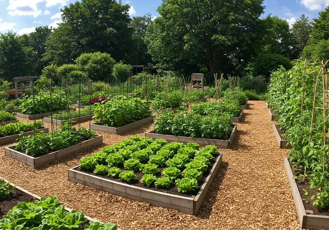 A wide-angle photograph of a beautifully planned and thriving vegetable garden. Shows neat rows of diverse, healthy vegetable plants (lettuces, tomatoes on supports, beans climbing trellises) in raised beds with clearly defined wood-chip pathways between them. Represents the successful outcome of planning and data use.