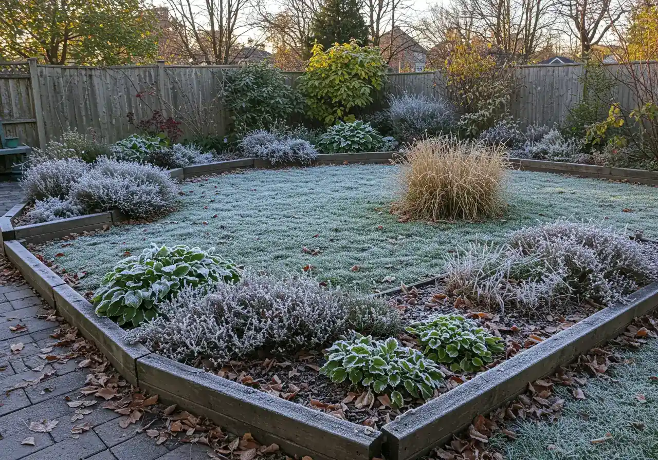 A beautiful but crisp autumn morning scene in an Ottawa garden, with frost lightly covering dormant plants and fallen leaves, visually representing the 'Ottawa chill' and the transition plants face.