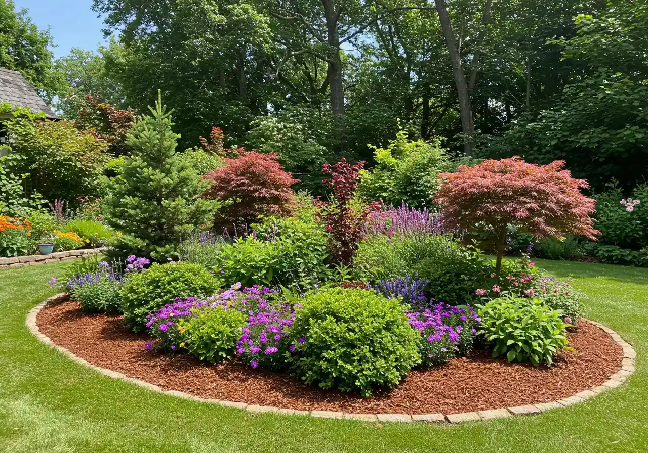 An inviting image showcasing the end result: a beautifully maintained garden bed after summer care, featuring neatly pruned shrubs, perhaps with fresh mulch and defined edging, looking vibrant and healthy.