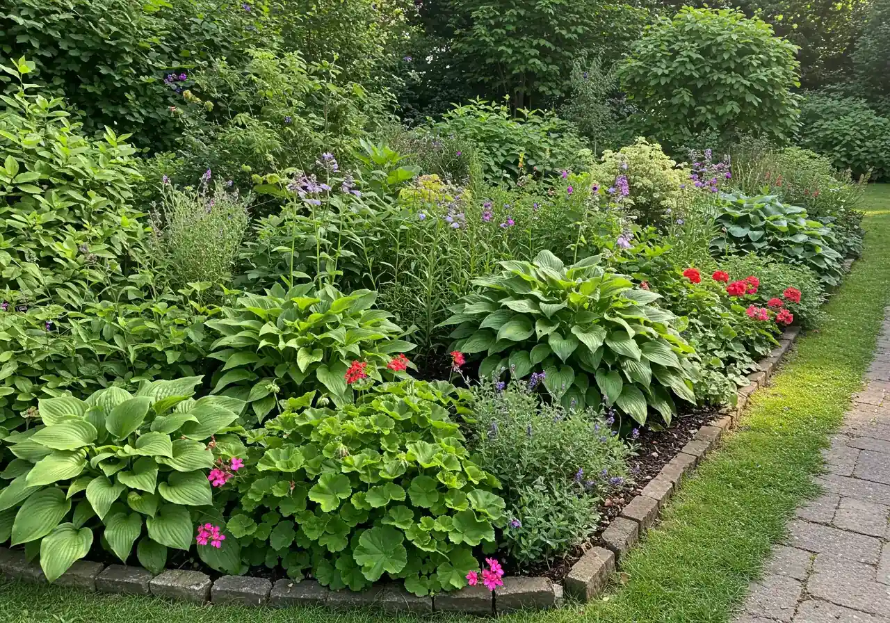 A beautiful, well-maintained garden bed in late spring or early summer, showcasing lush, healthy plants (mix of perennials/annuals) in bloom. Represents the successful outcome ('spring flourishes') of using fall notes for planning. Soft morning light enhances the healthy appearance.