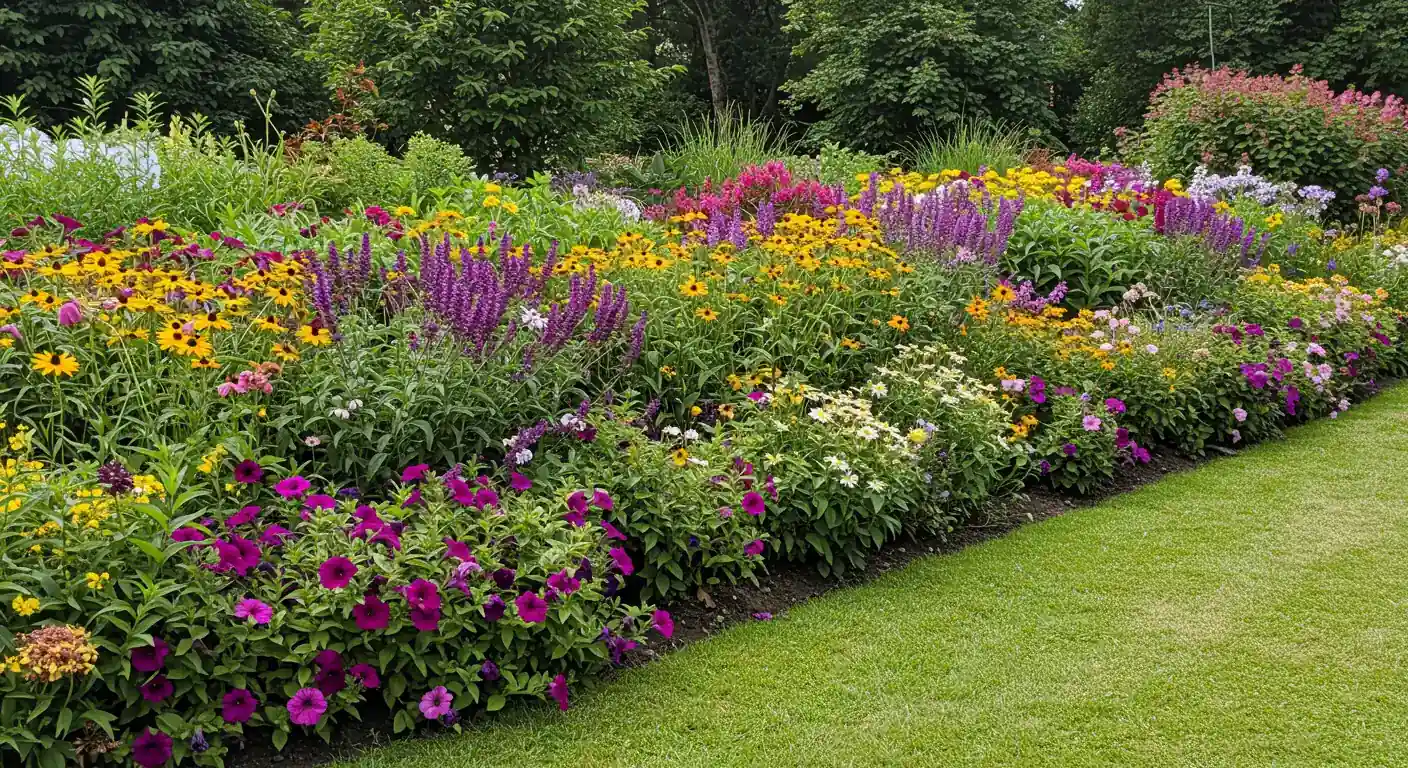 A beautiful, inviting shot of a thriving home garden border packed with a variety of colourful, continuously blooming annuals and perennials (like petunias, salvia, coreopsis) in mid-summer. This image serves to illustrate the 'non-stop summer colour' promised in the introduction.