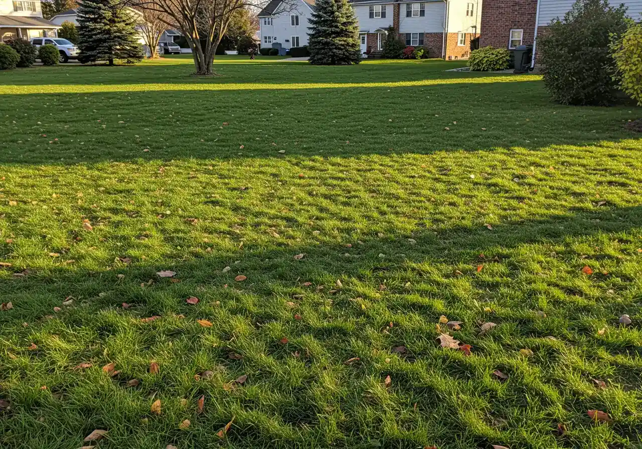 An image showing a lawn after its final, slightly shorter cut for the fall season. The grass should look neat and prepared for winter, perhaps with some late autumn leaves visible on the periphery or background, under cool, late-season light.