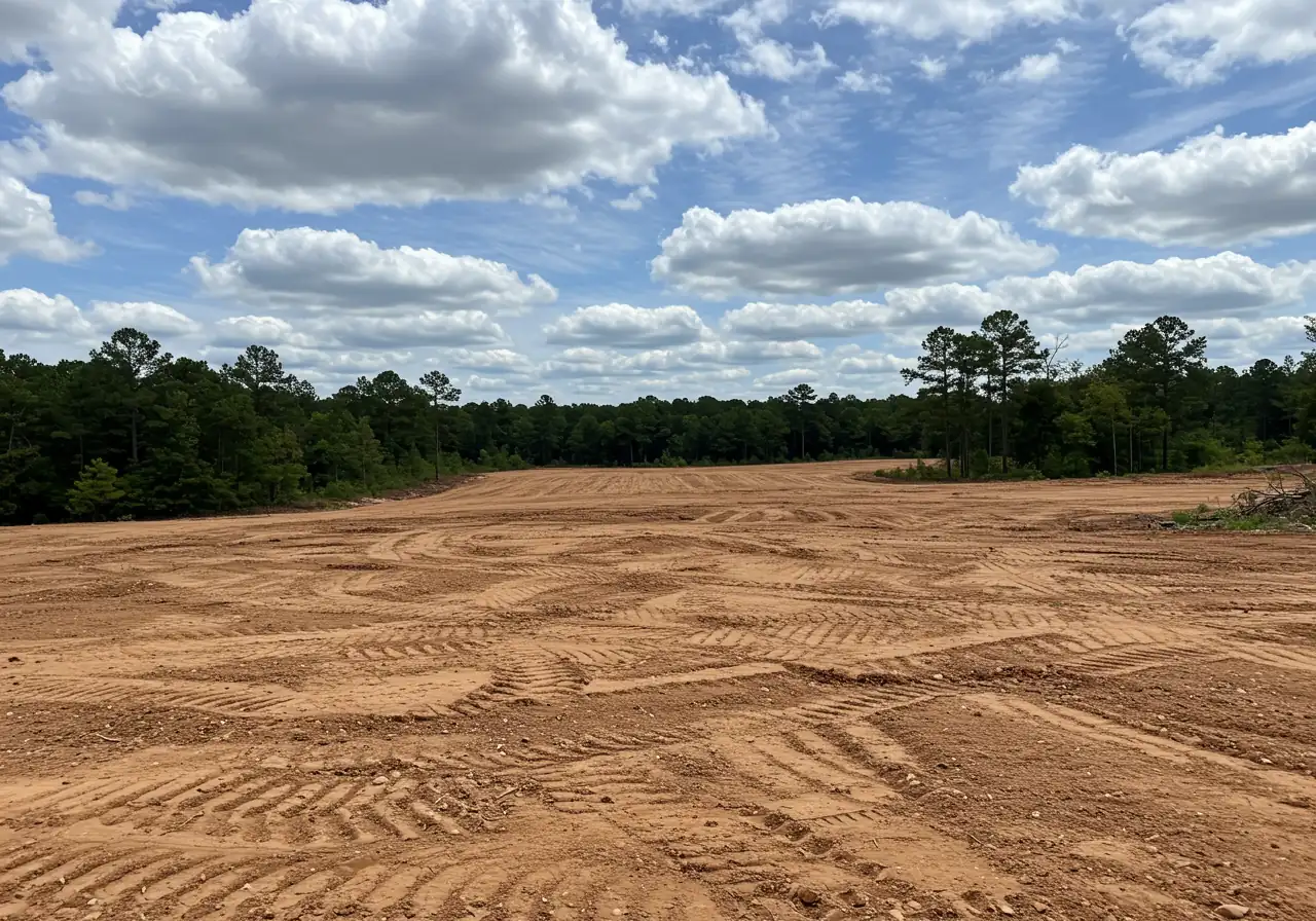 An 'after' photograph showcasing a neatly cleared plot of land post-professional clearing. The ground should be relatively level brown earth, free of vegetation and stumps, perhaps with subtle grading marks visible, appearing ready for the next phase like landscaping or construction. The background could show remaining trees at the edge of the cleared area.
