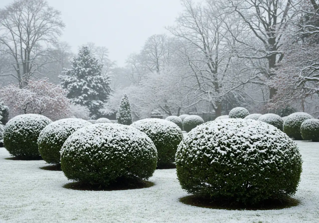 A winter garden scene where evergreen topiary shapes (e.g., boxwood balls or yew cones) stand out against the snow, clearly illustrating the 'Year-Round Structure and Interest' benefit mentioned in the text.