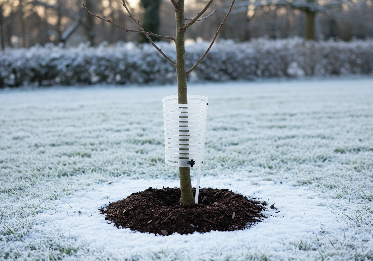 A medium shot of a young, thin-barked deciduous tree sapling standing in a dormant winter landscape lightly dusted with snow. A white corrugated plastic tree guard is correctly wrapped around the lower section of the trunk, extending from the ground up about two feet. The 'donut' ring of dark mulch applied in the fall is visible at the base, partially covered by snow. The background shows a frosty lawn or garden bed.