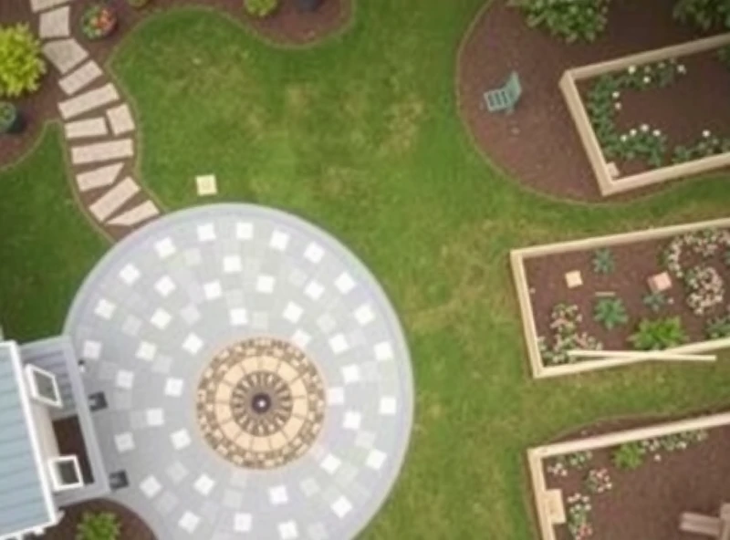 Overhead view of a partially completed garden design, showcasing distinct functional zones. A paver patio extends from the back of a house (only the edge of the house is visible). Stepping stones lead from the patio to a circular mulched area containing a fire pit (no fire). Beyond the fire pit, a larger area of well-manicured green lawn is designated as a play area, with space for, but without the presence of, play equipment. A curved flower bed borders the lawn, separating it from a vegetable garden area with raised beds constructed from natural wood. The raised beds contain young, green vegetable plants. The entire scene is well-lit with natural, even sunlight.