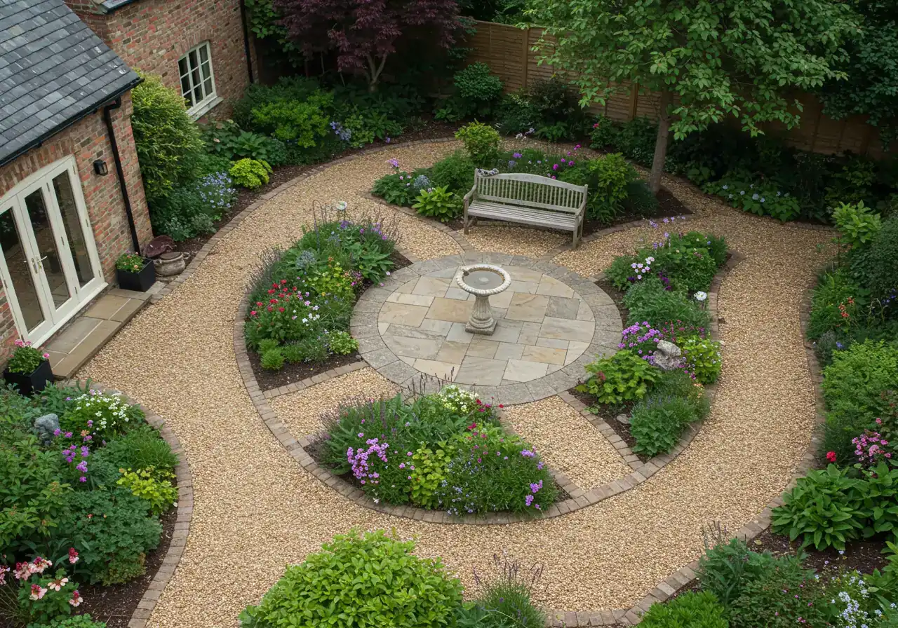 A bird's-eye view of a well-designed garden layout. The garden should incorporate several key elements: a clearly defined patio area (perhaps made of stone or pavers), curved pathways (maybe gravel or stepping stones), distinct planting beds with a variety of plants (different heights, colors, and textures), and a small focal point (like a birdbath or a small ornamental tree). The style should be a blend of modern and cottage garden, with clean lines but also a sense of abundance and color. No people, structures or text.