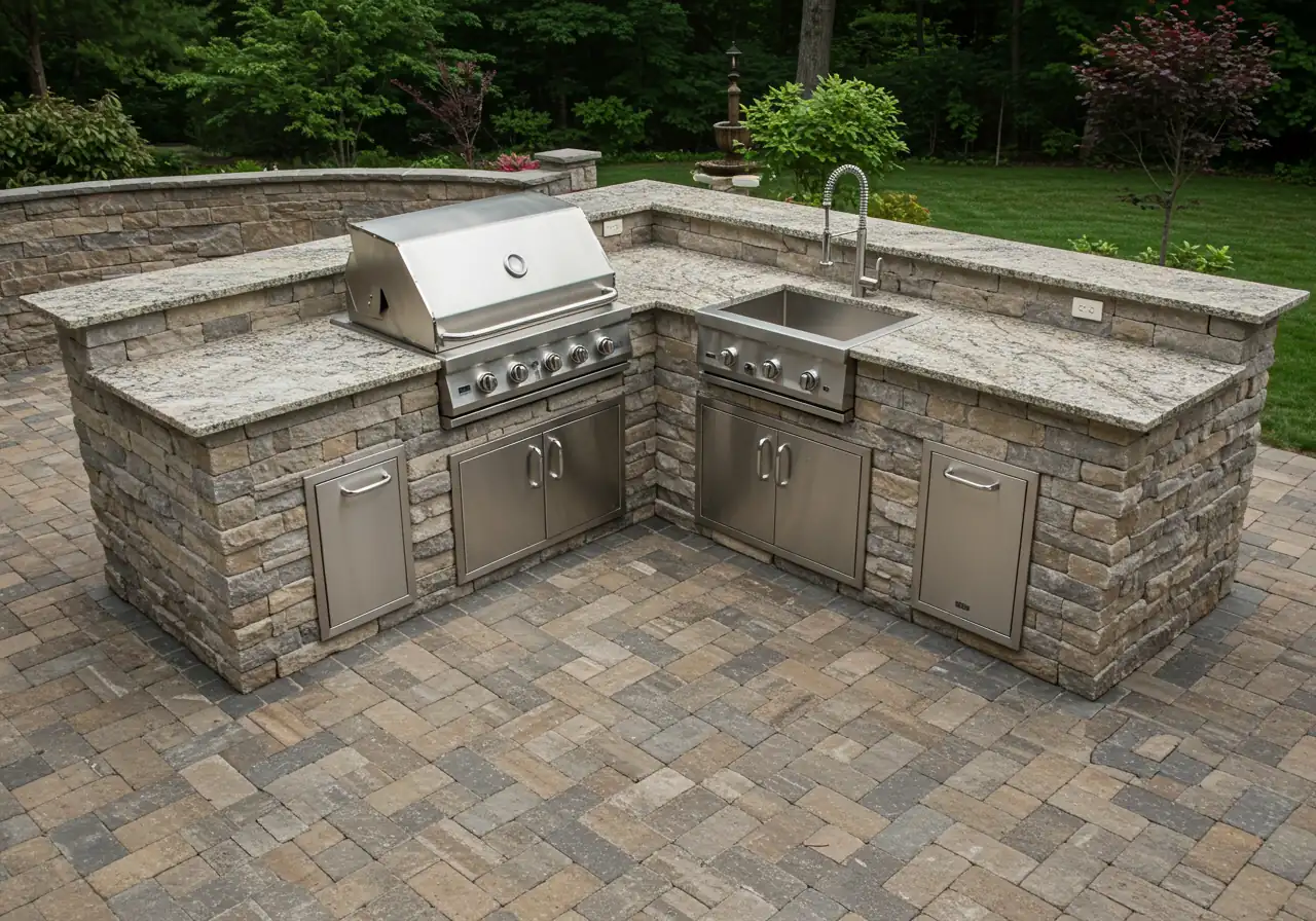 Overhead or angled view photograph clearly showcasing an L-shaped outdoor kitchen layout built against a corner of a patio. It should feature distinct zones: a grill area, a prep counter space, and perhaps a sink area, demonstrating the efficient workflow described. Materials like stacked stone and stainless steel are visible.